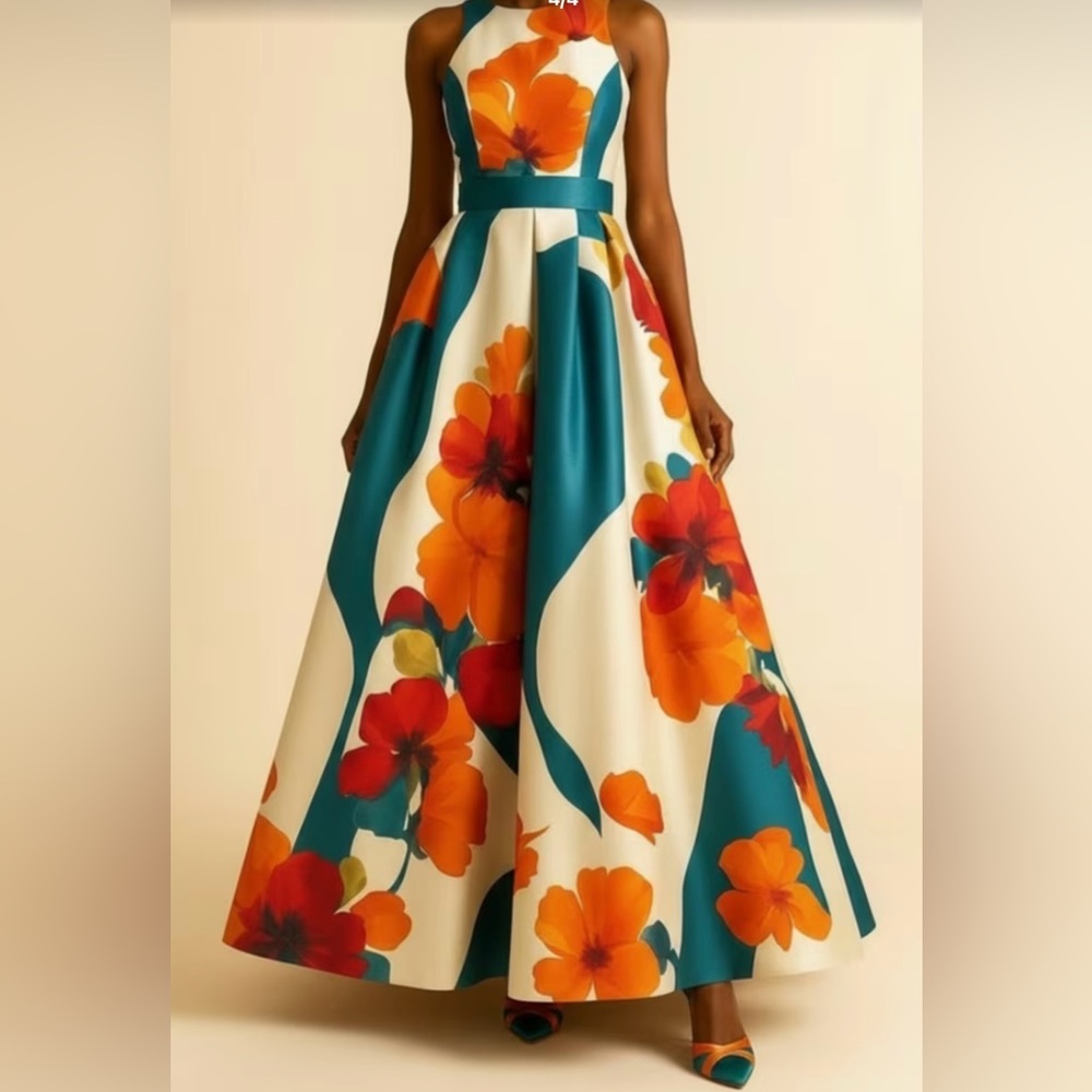 Floral Halter Maxi Dress in Teal & Orange